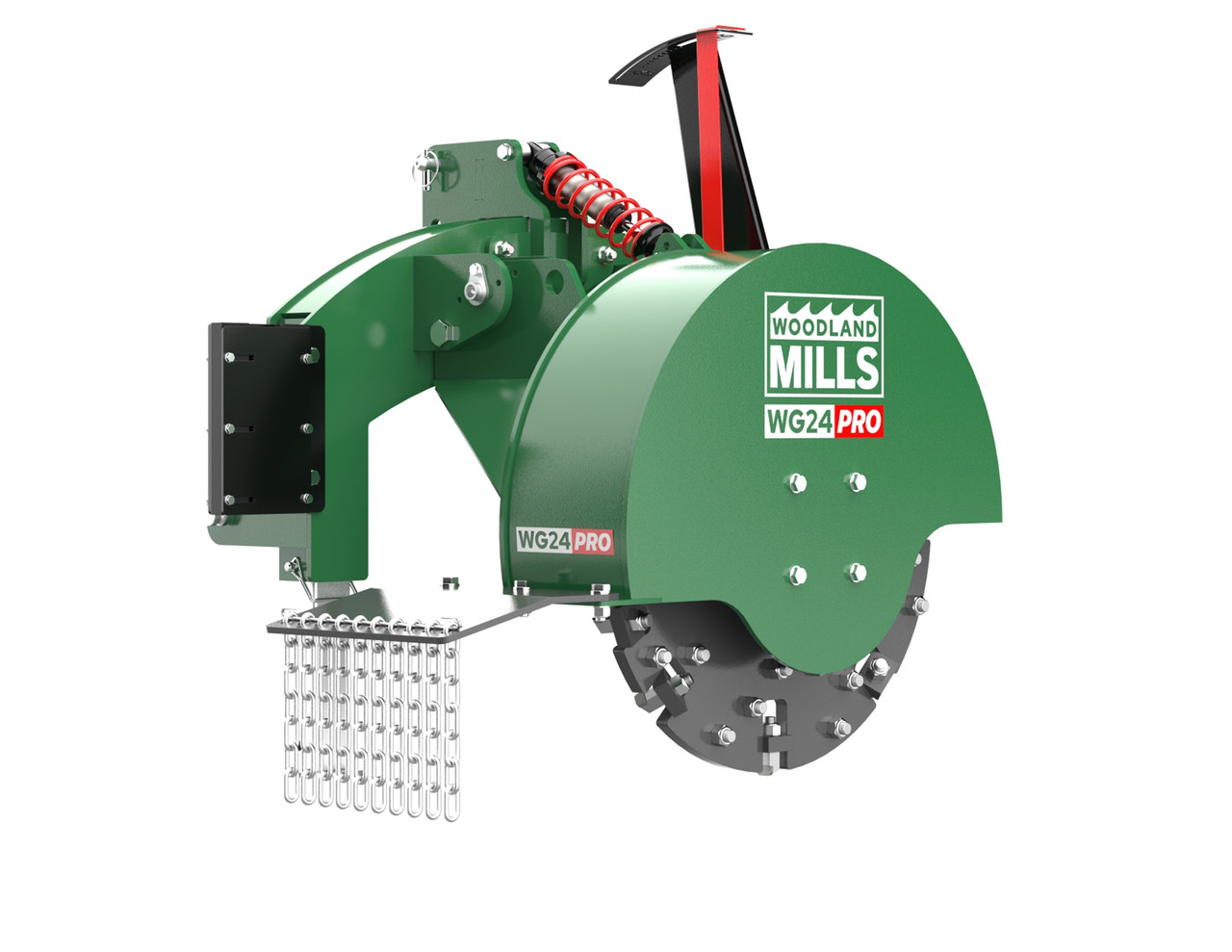 Woodland Mills WG24 PRO PTO stump grinder studio view showing the 24" grinding flywheel, shock assembly and chip deflector